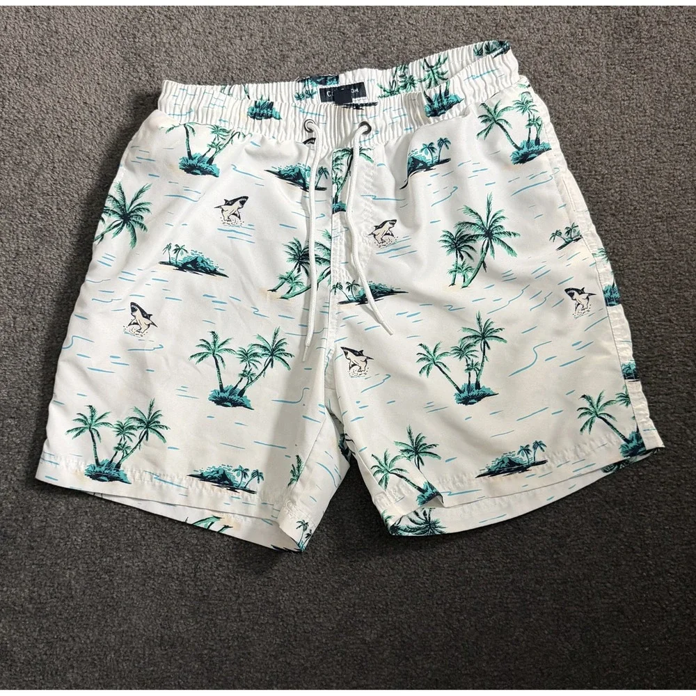 Club Room Mens Small White Tropical Shark Palm Tree Swim Trunks Mesh Lined 6in